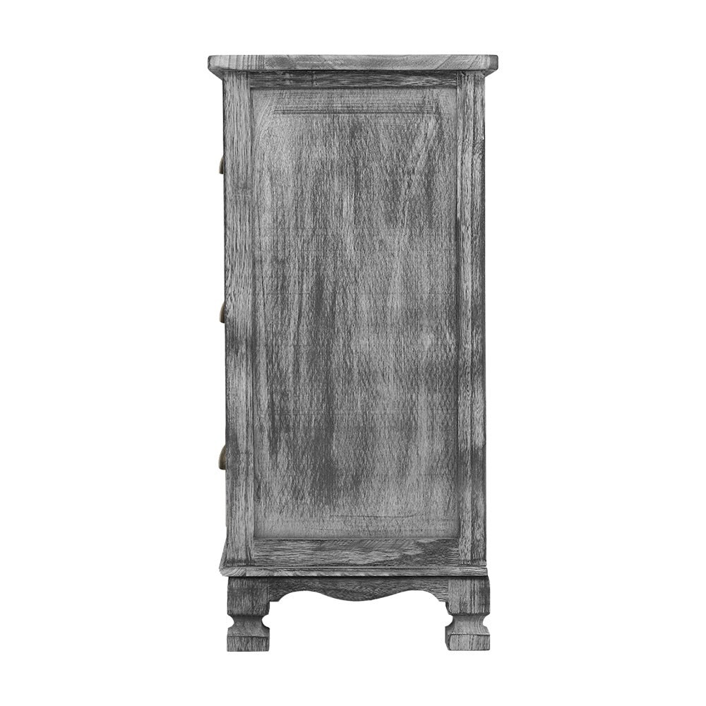 Vintage Grey 3-Drawer Nightstand with Curved Accents and Storage Cabinet
