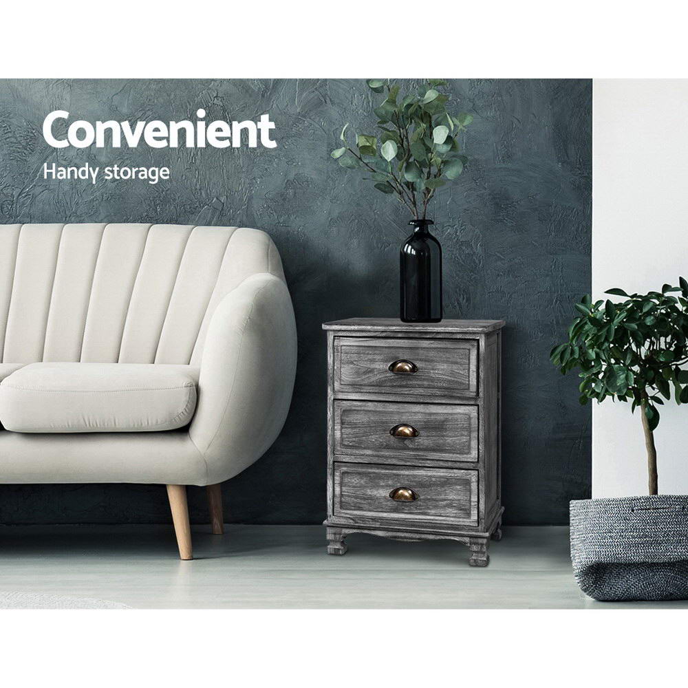 Vintage Grey 3-Drawer Nightstand with Curved Accents and Storage Cabinet