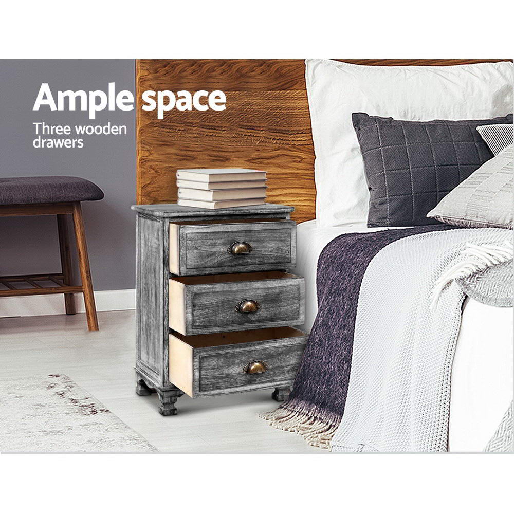 Vintage Grey 3-Drawer Nightstand with Curved Accents and Storage Cabinet