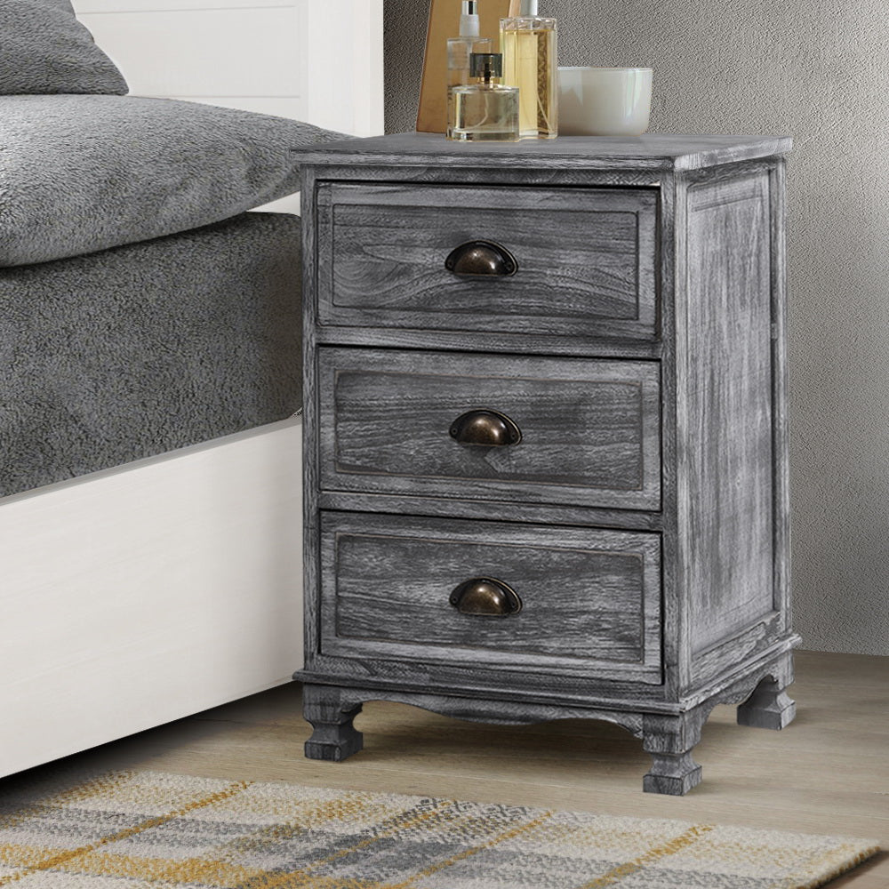 Vintage Grey 3-Drawer Nightstand with Curved Accents and Storage Cabinet