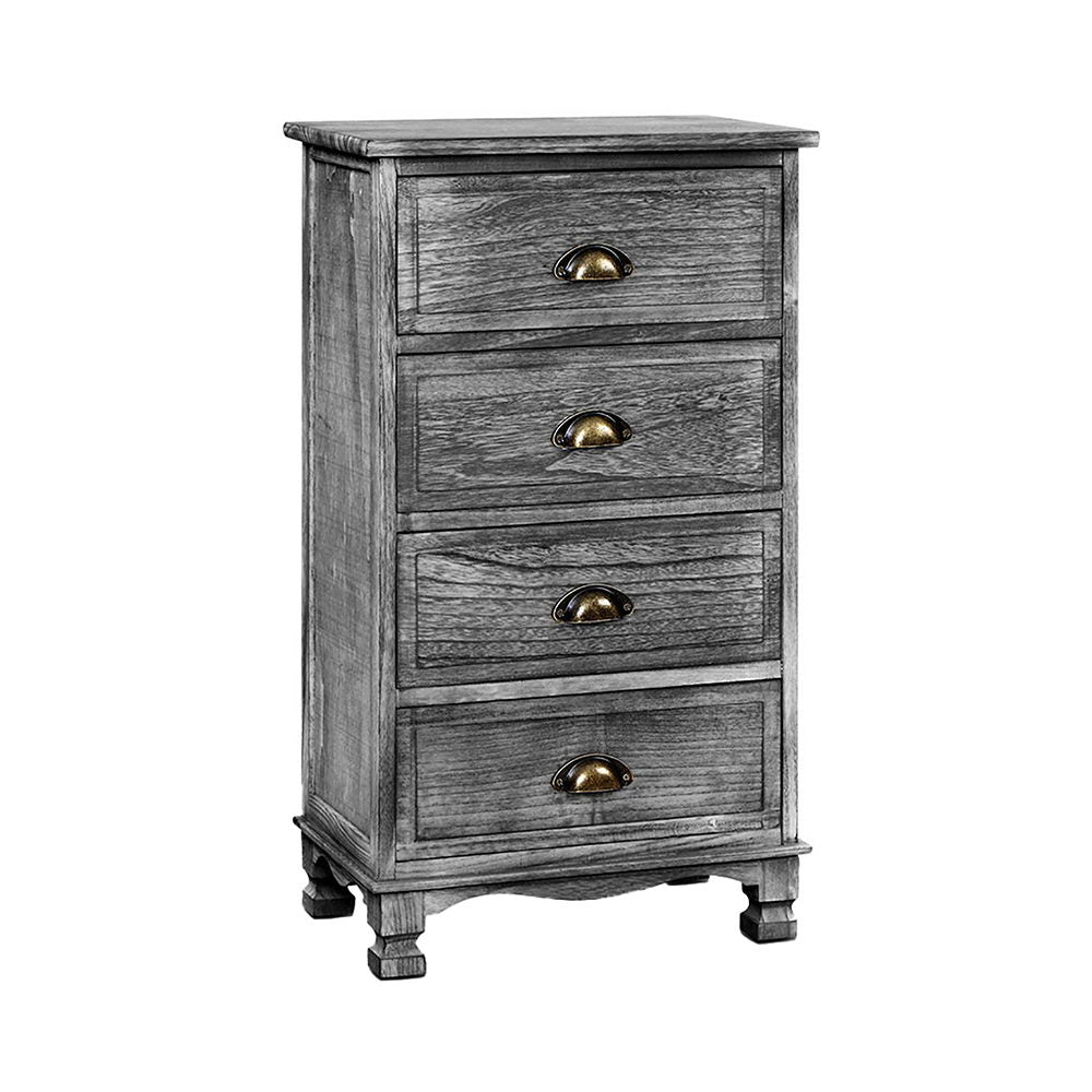 Vintage Grey 4-Drawer Nightstand Cabinet with Curved Accents and Metal Handles
