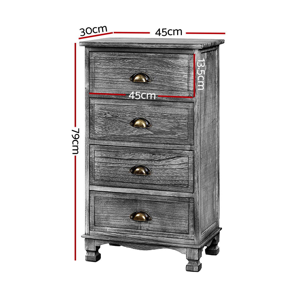 Vintage Grey 4-Drawer Nightstand Cabinet with Curved Accents and Metal Handles