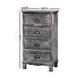 Vintage Grey 4-Drawer Nightstand Cabinet with Curved Accents and Metal Handles - Side View