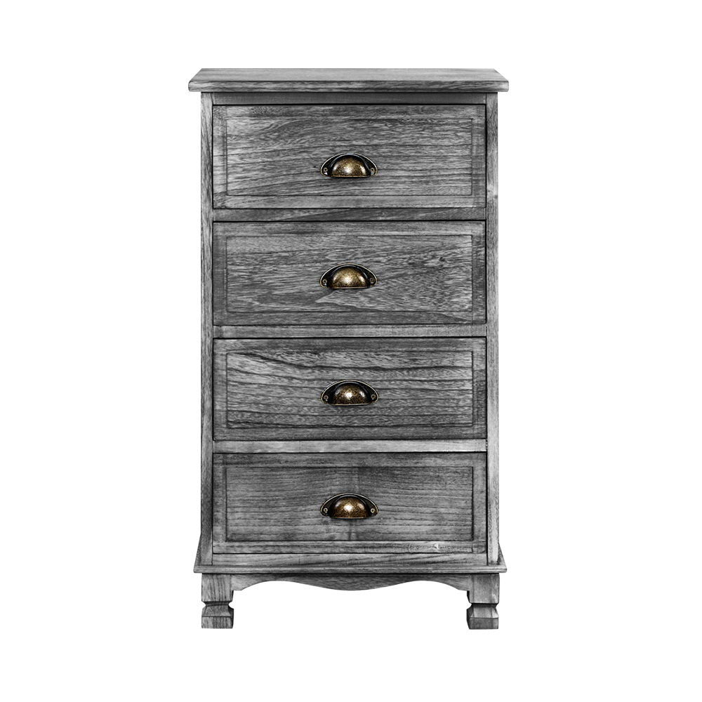 Vintage Grey 4-Drawer Nightstand Cabinet with Curved Accents and Metal Handles