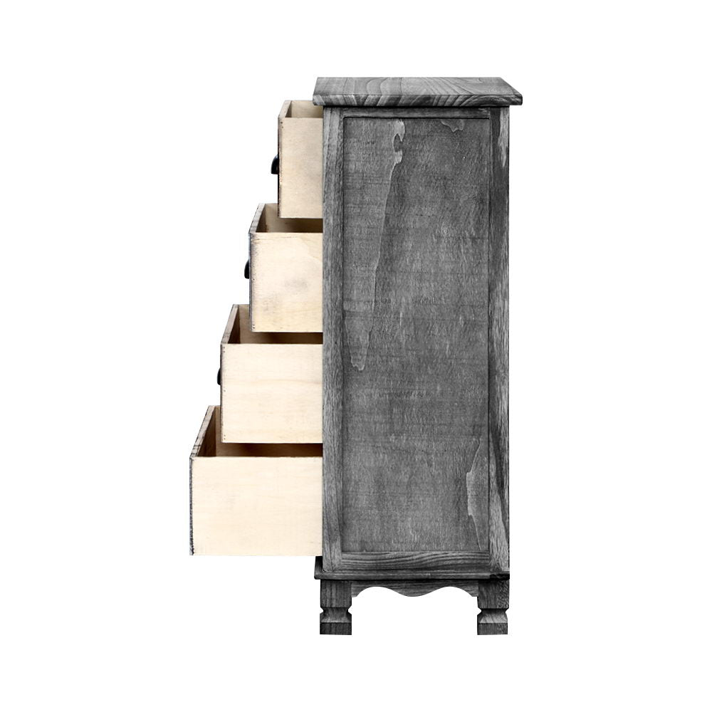 Vintage Grey 4-Drawer Nightstand Cabinet with Curved Accents and Metal Handles