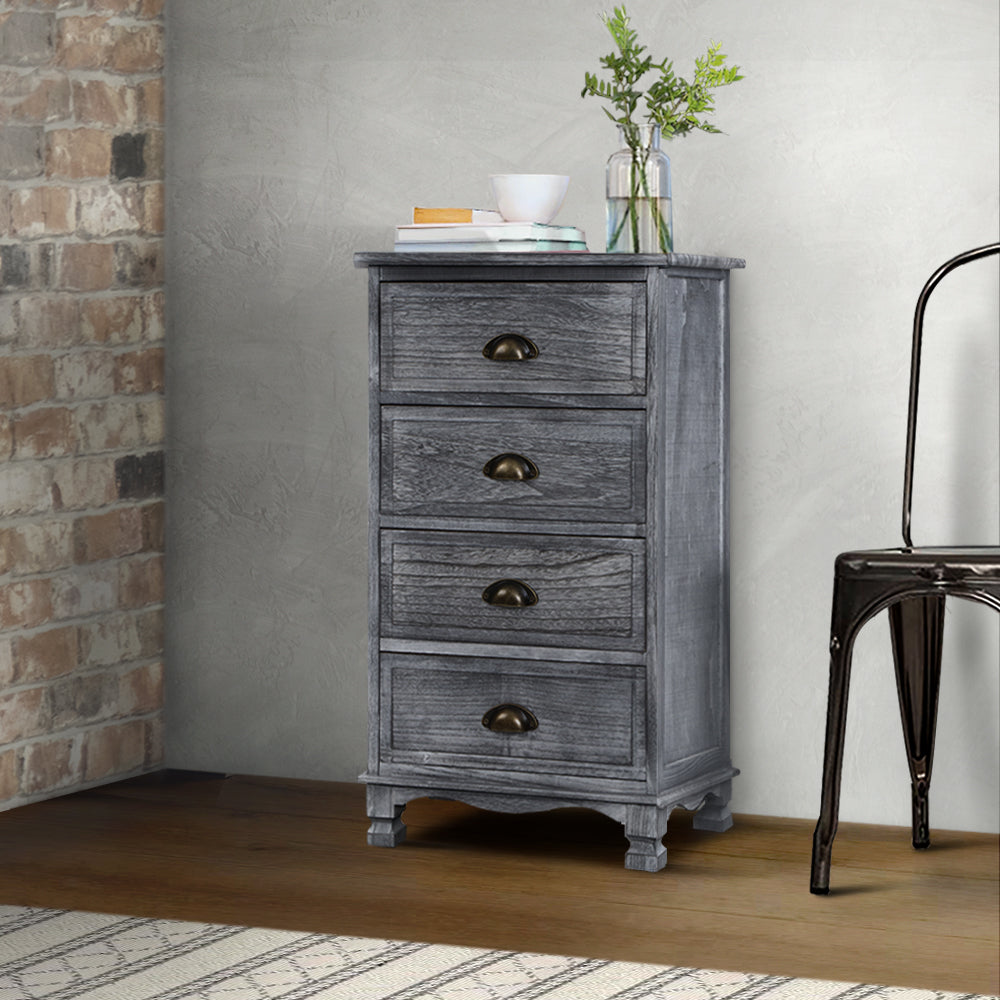 Vintage Grey 4-Drawer Nightstand Cabinet with Curved Accents and Metal Handles
