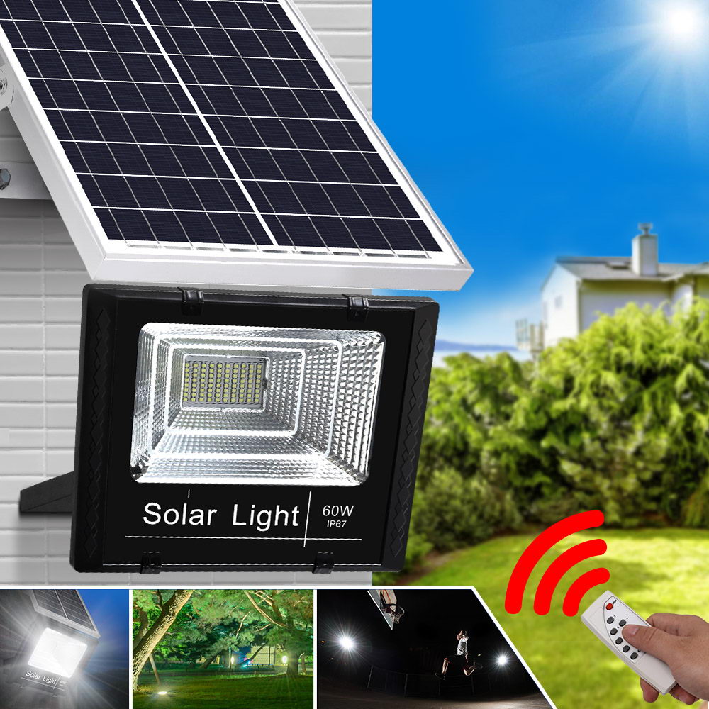 60W Solar-Powered LED Flood Light with Remote Control for Outdoor Security and Garden Lighting