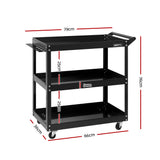 Heavy-Duty 3-Tier Steel Tool Trolley with Lockable Castors and Tool Organizer in Black - Front View