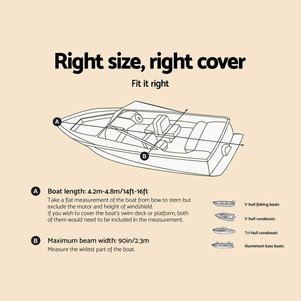 Heavy-Duty Waterproof Boat Cover for 14 to 16 Foot Vessels - Grey