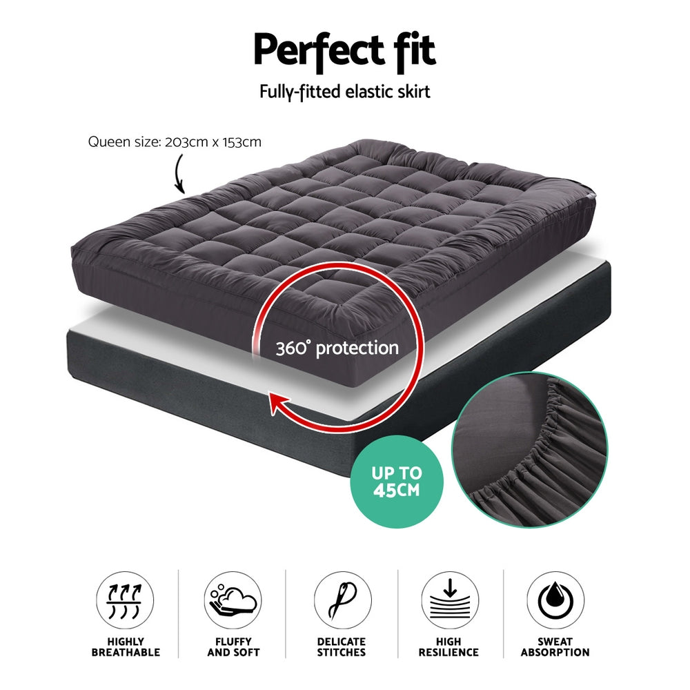 Giselle Luxury Queen Pillowtop Mattress Topper with 1000GSM Charcoal Microfibre and Bamboo Filling