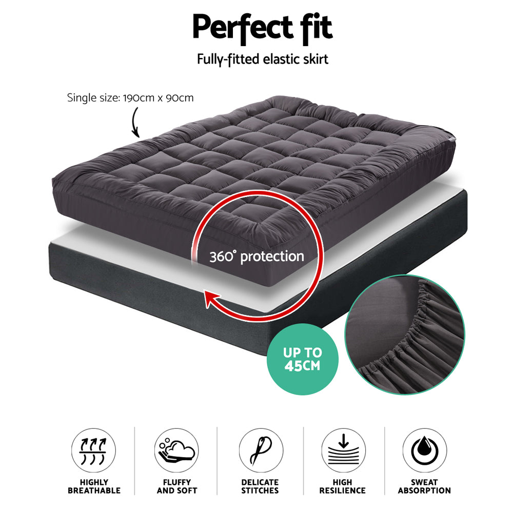 Giselle Charcoal Bamboo Fibre Pillowtop Mattress Topper - Ultra Comfortable 1000GSM Single Size