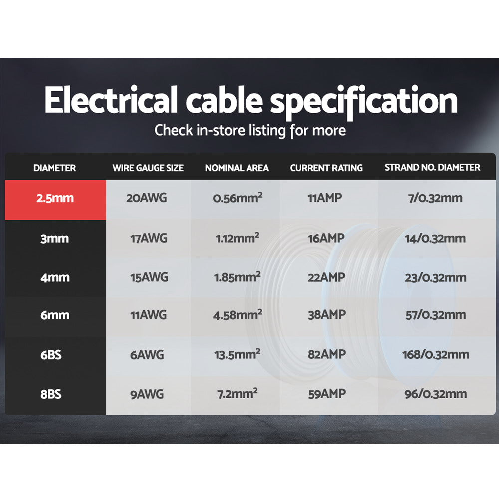 30M Twin Core 2.5MM Electrical Extension Cable for Car and Solar Panel - 450V SAA Certified
