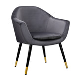 Vintage Grey Velvet Barrel Armchair with Wooden Frame and Copper-Tipped Legs - Front View