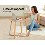 Modern Round Wooden Coffee Table with Geometric Legs - Beige Nightstand - 45-Degree Angle