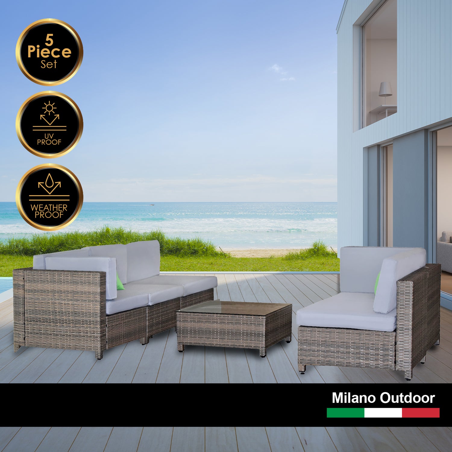 Milano Decor Contemporary 5-Piece Rattan Outdoor Sofa Set in Oatmeal and Black with Coffee Table