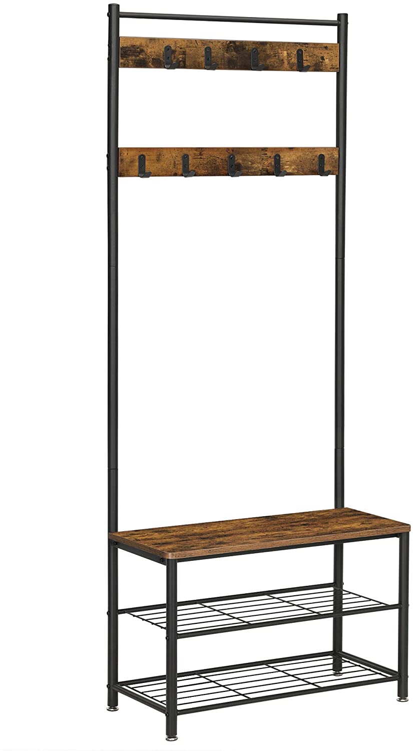 Vintage-Inspired Rustic Coat Rack with Shoe Storage Bench and Shelves, 175 cm Matte Metal Frame