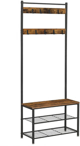 Vintage-Inspired Rustic Coat Rack with Shoe Storage Bench and Shelves, 175 cm Matte Metal Frame - Front View
