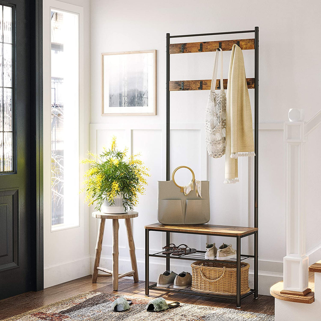 Vintage-Inspired Rustic Coat Rack with Shoe Storage Bench and Shelves, 175 cm Matte Metal Frame