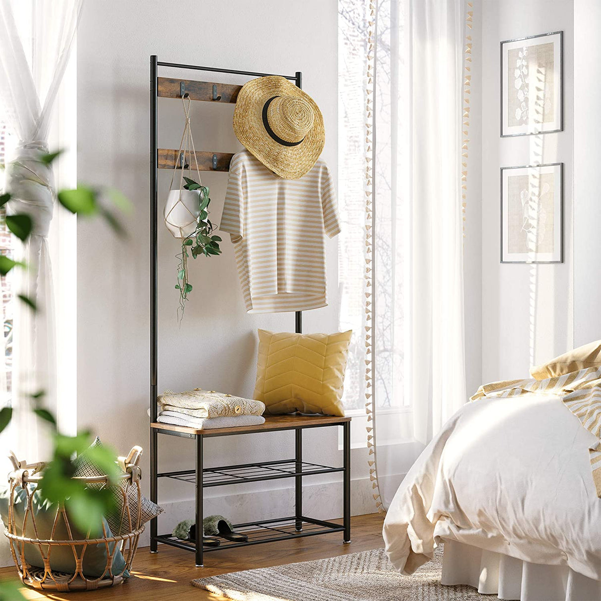 Vintage-Inspired Rustic Coat Rack with Shoe Storage Bench and Shelves, 175 cm Matte Metal Frame