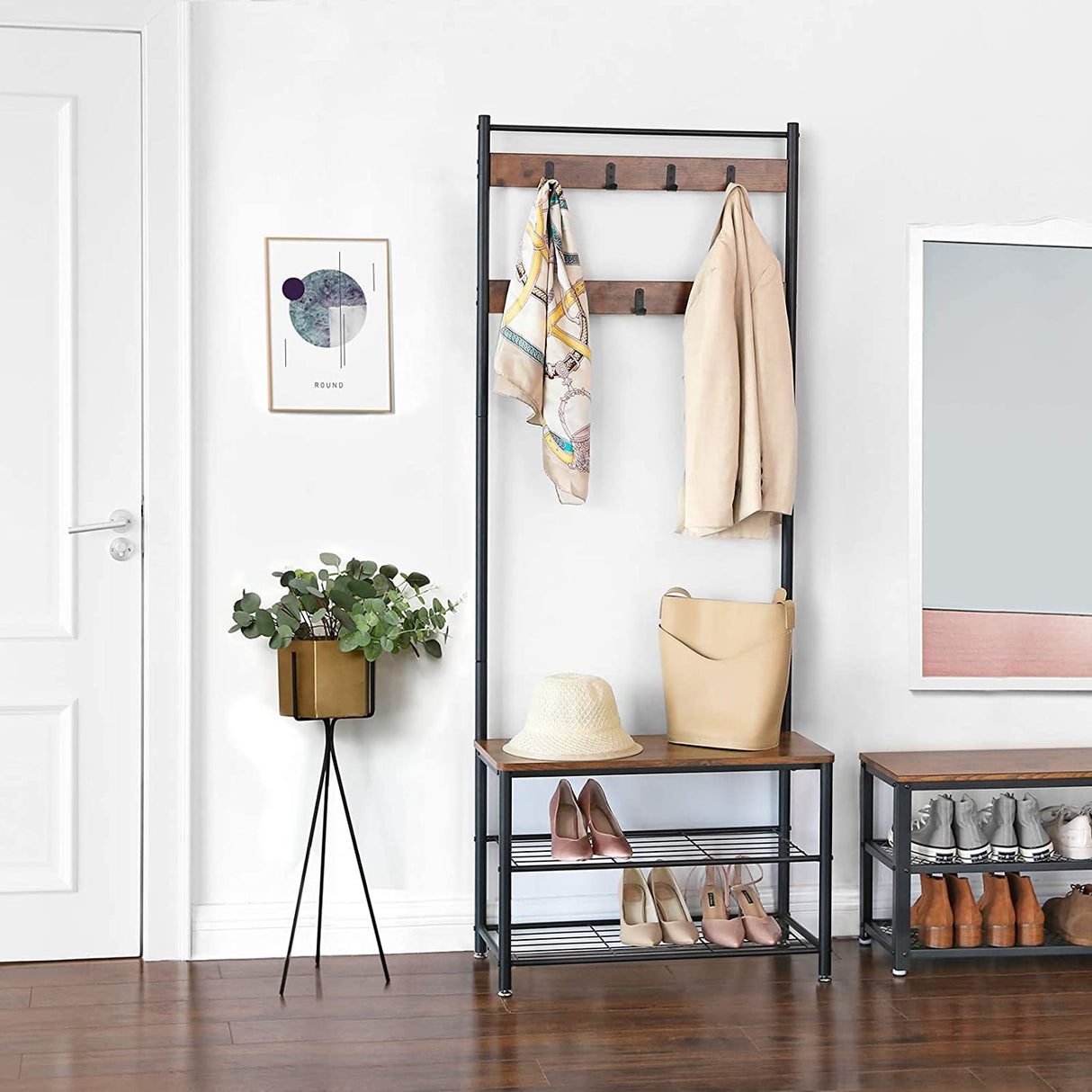 Vintage-Inspired Rustic Coat Rack with Shoe Storage Bench and Shelves, 175 cm Matte Metal Frame