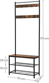 Vintage-Inspired Rustic Coat Rack with Shoe Storage Bench and Shelves, 175 cm Matte Metal Frame - Rear View