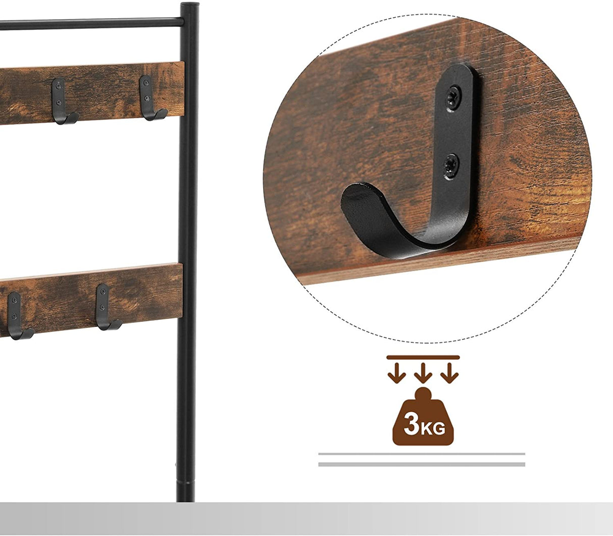 Vintage-Inspired Rustic Coat Rack with Shoe Storage Bench and Shelves, 175 cm Matte Metal Frame
