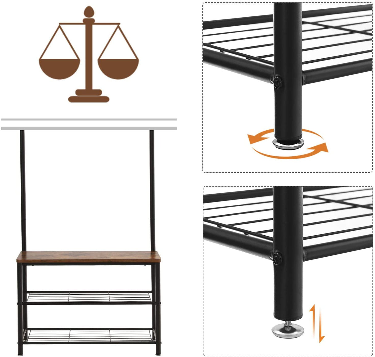 Vintage-Inspired Rustic Coat Rack with Shoe Storage Bench and Shelves, 175 cm Matte Metal Frame