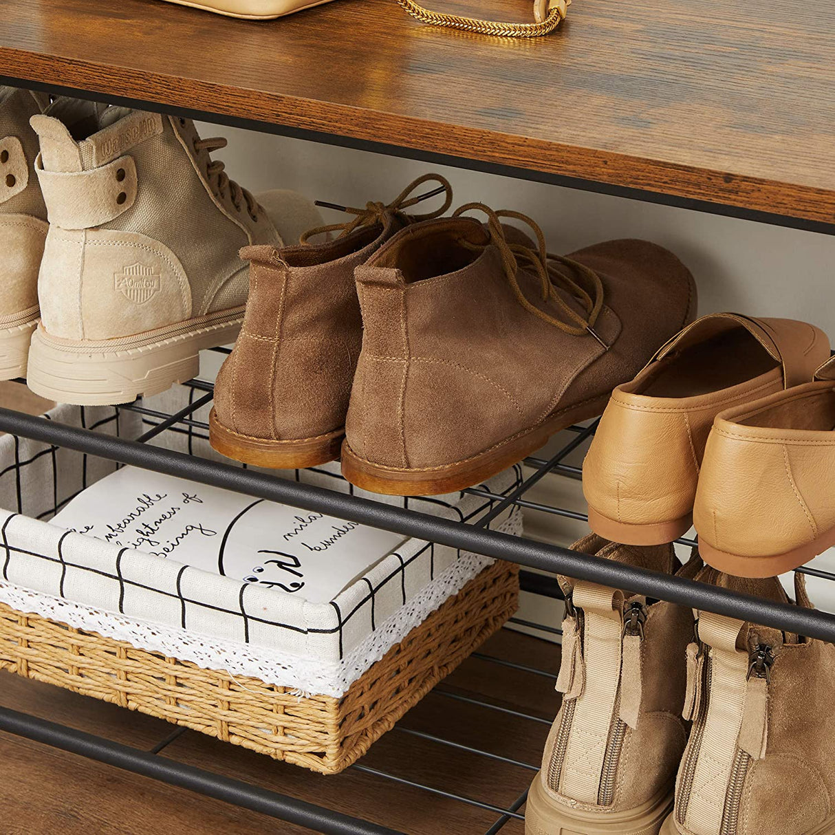 Vintage-Inspired Rustic Coat Rack with Shoe Storage Bench and Shelves, 175 cm Matte Metal Frame