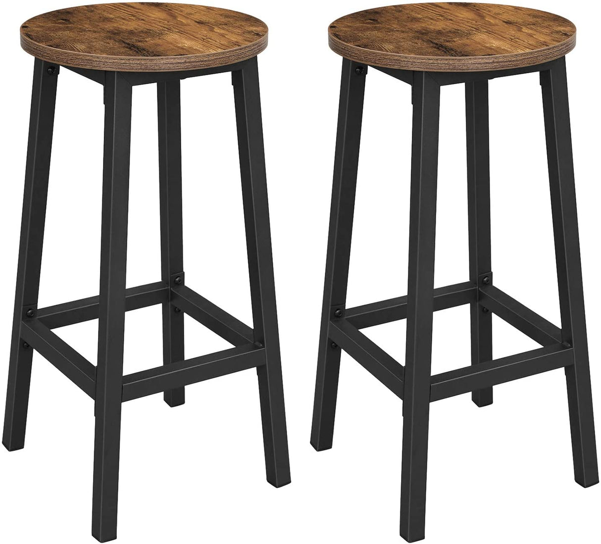 Set of 2 Rustic Industrial Bar Stools with Steel Frame - 65 cm Height in Brown and Black