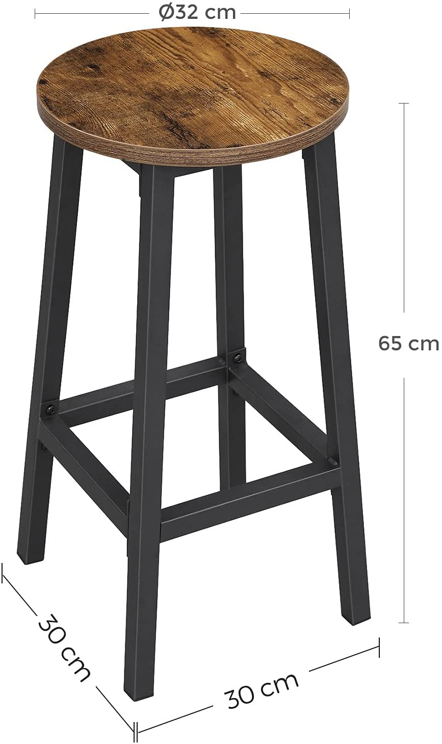 Set of 2 Rustic Industrial Bar Stools with Steel Frame - 65 cm Height in Brown and Black