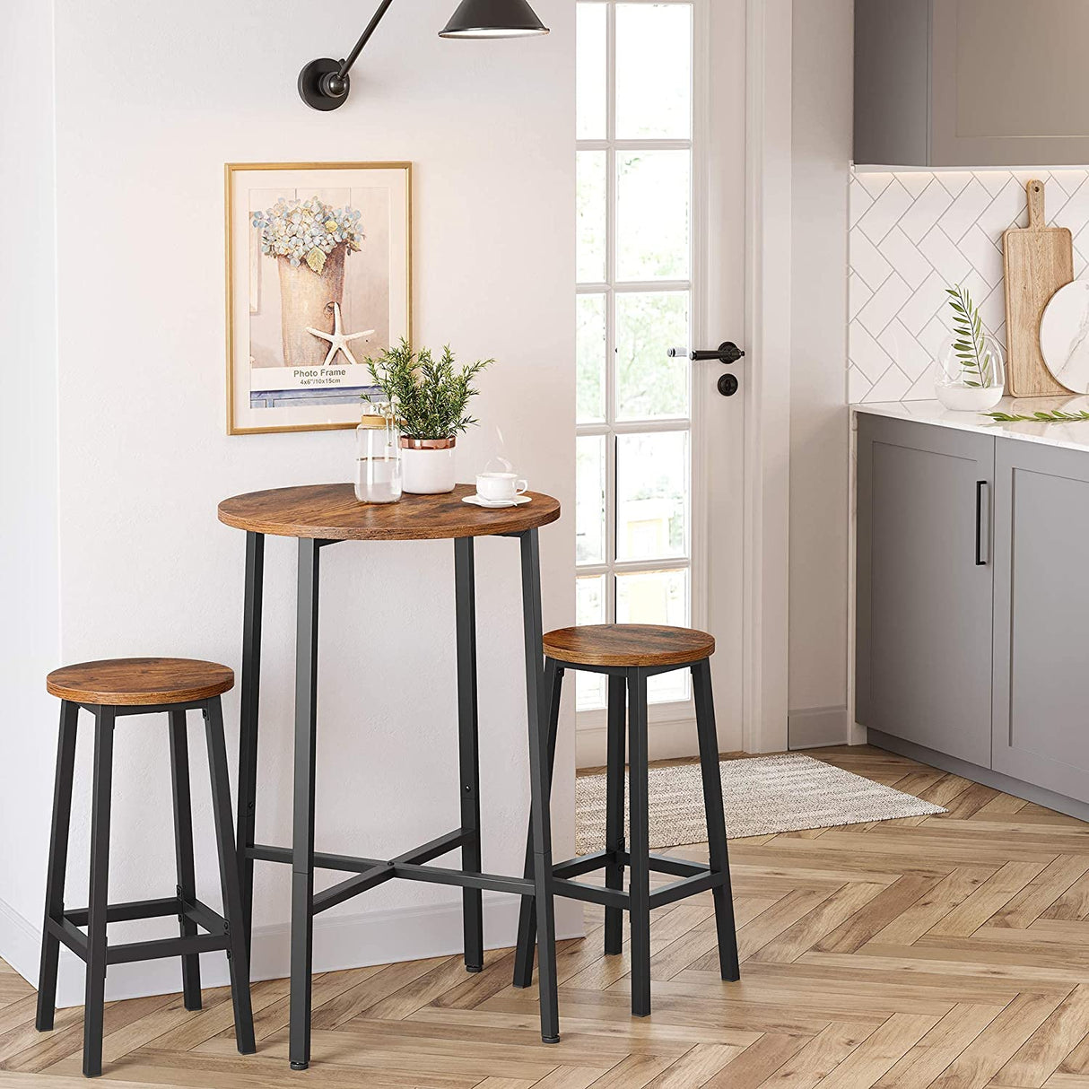 Set of 2 Rustic Industrial Bar Stools with Steel Frame - 65 cm Height in Brown and Black