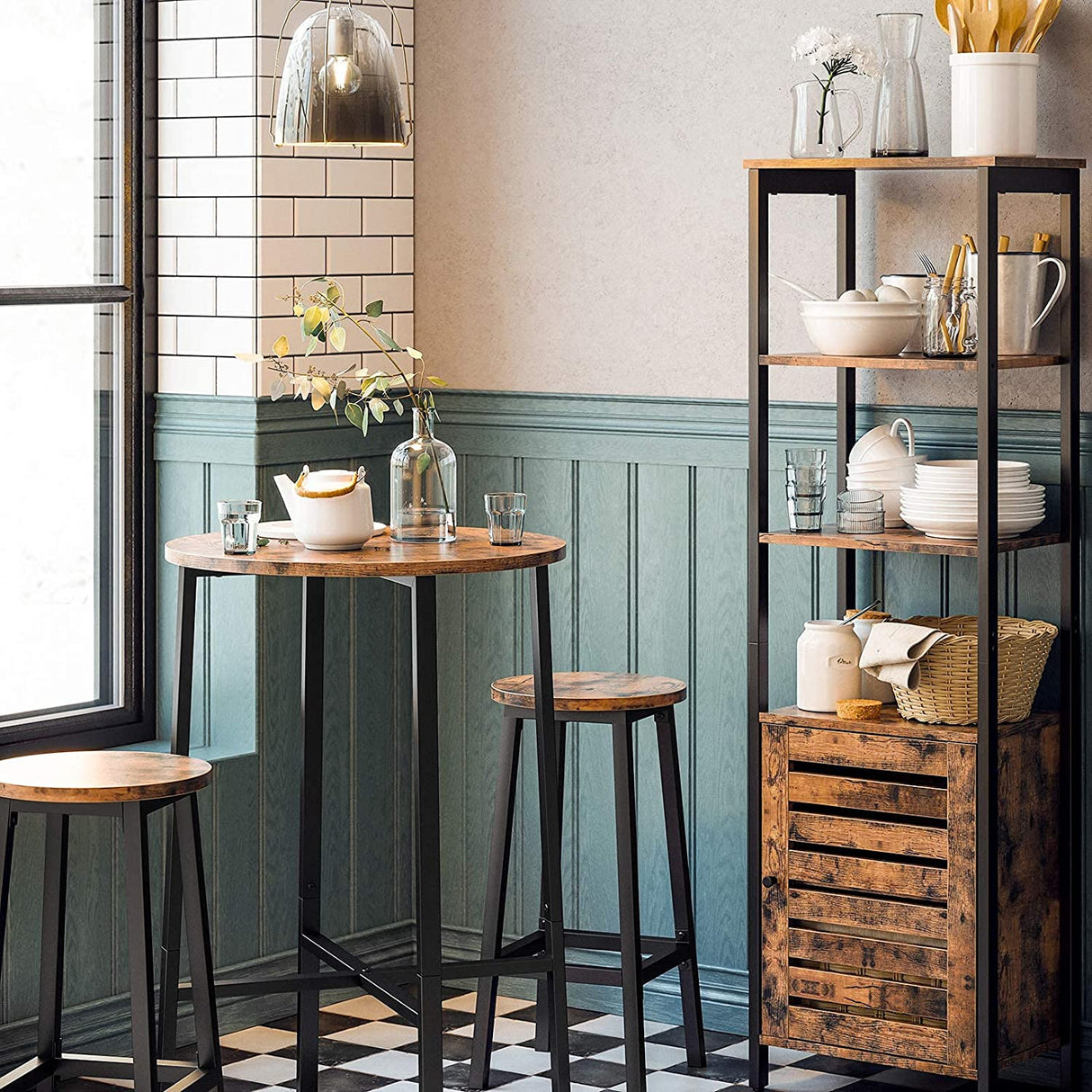 Set of 2 Rustic Industrial Bar Stools with Steel Frame - 65 cm Height in Brown and Black