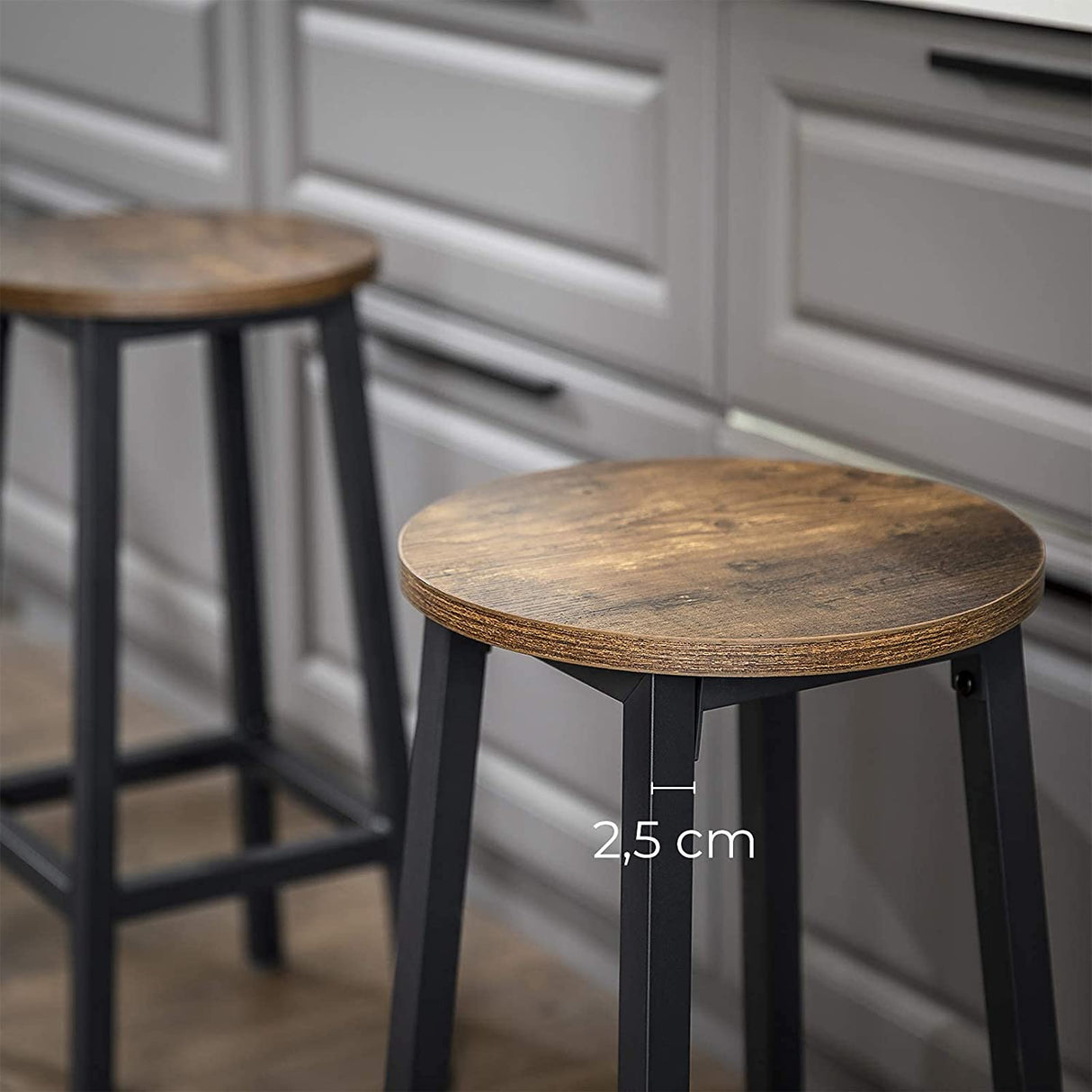 Set of 2 Rustic Industrial Bar Stools with Steel Frame - 65 cm Height in Brown and Black