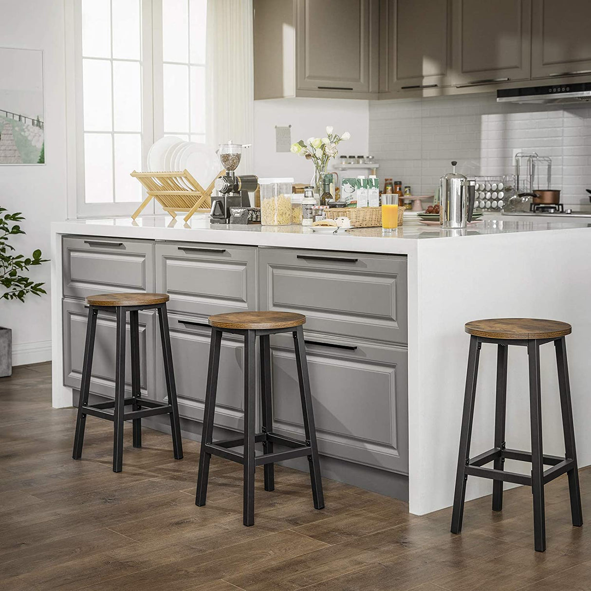 Set of 2 Rustic Industrial Bar Stools with Steel Frame - 65 cm Height in Brown and Black