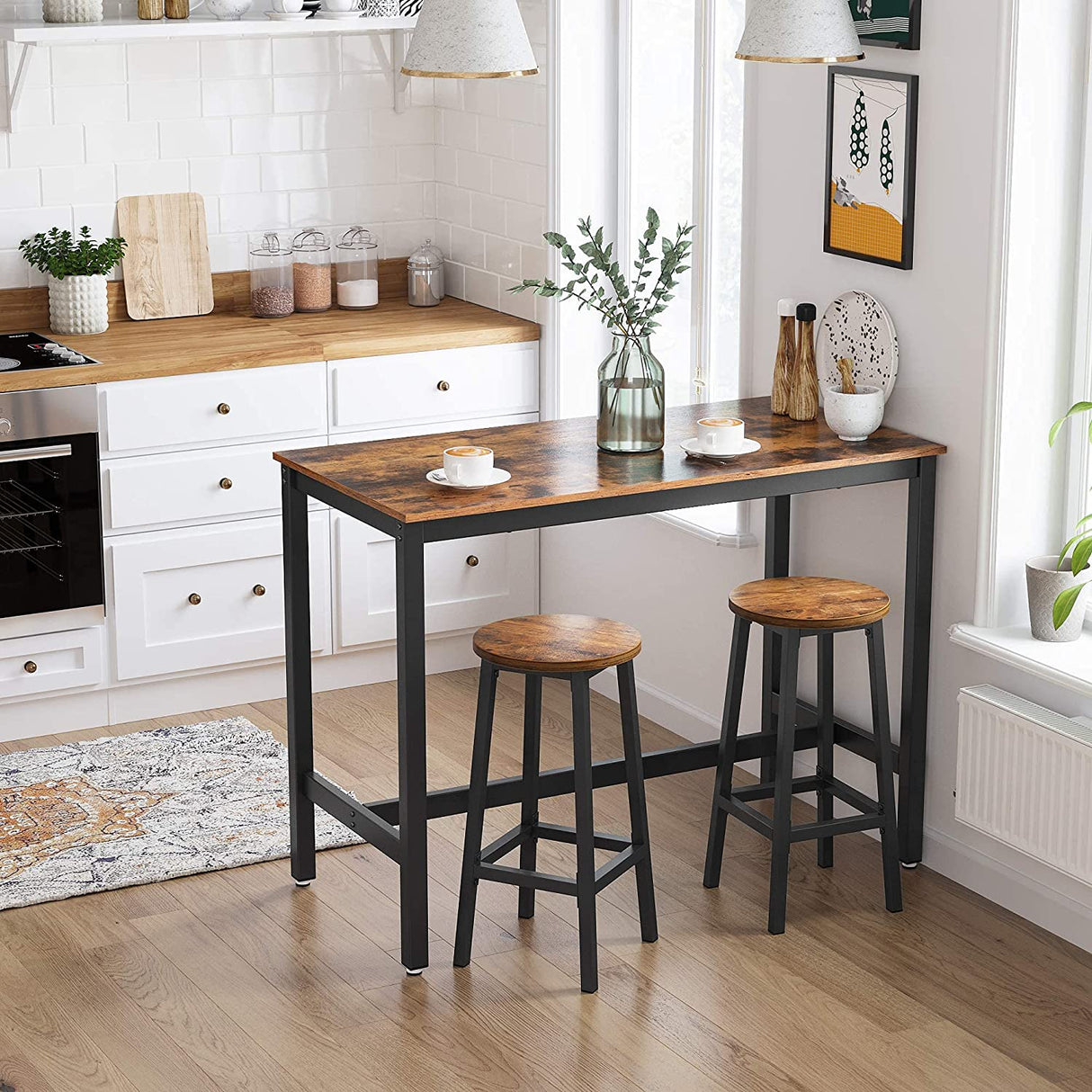 Set of 2 Rustic Industrial Bar Stools with Steel Frame - 65 cm Height in Brown and Black