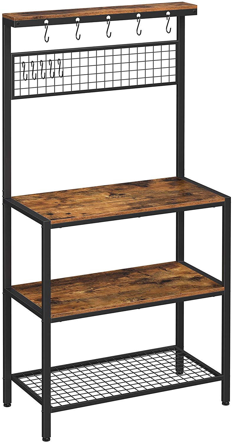 Rustic Industrial Kitchen Baker's Rack with 10 Hooks and Multi-Level Storage Shelves - 84 x 40 x 170 cm