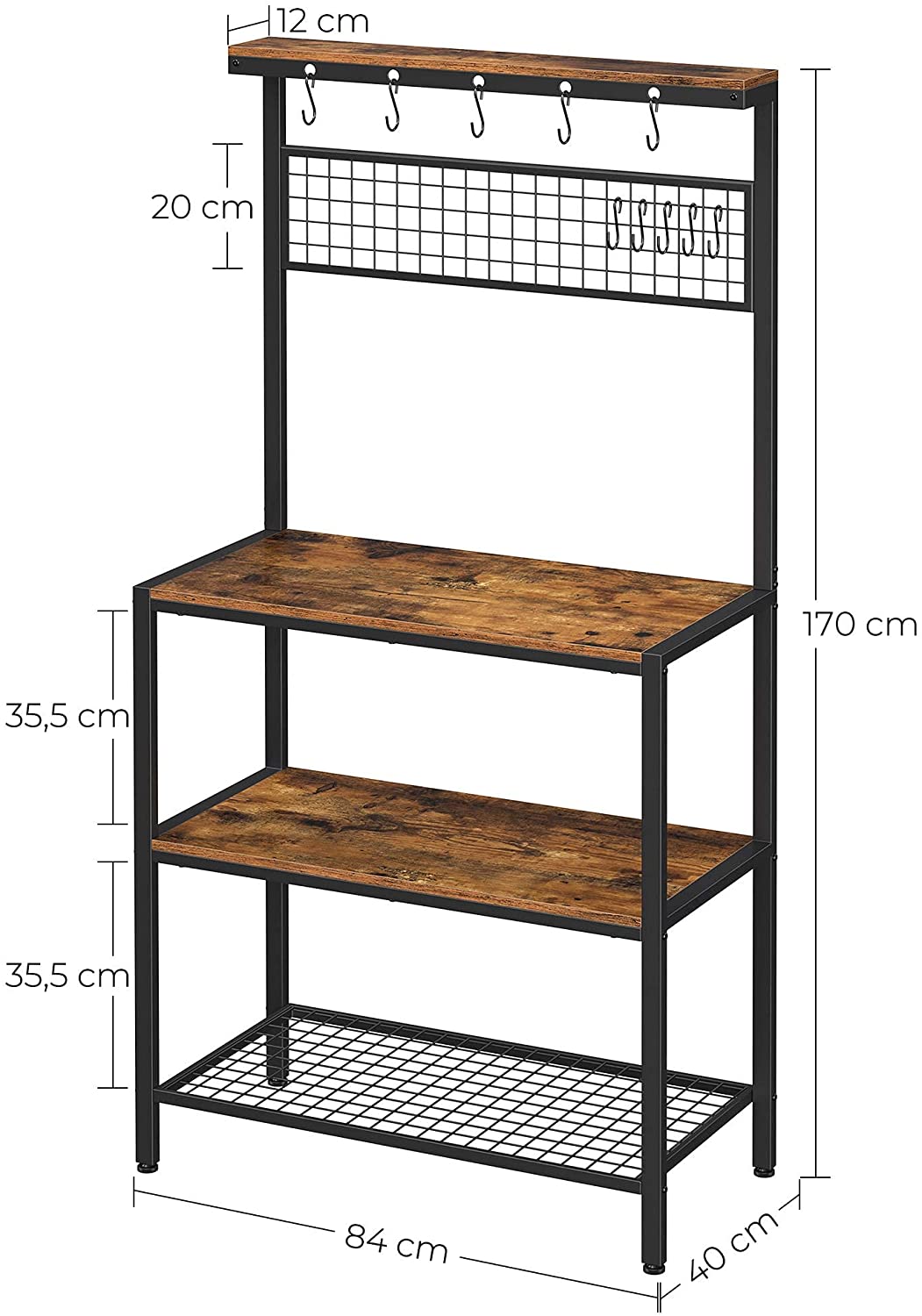 Rustic Industrial Kitchen Baker's Rack with 10 Hooks and Multi-Level Storage Shelves - 84 x 40 x 170 cm