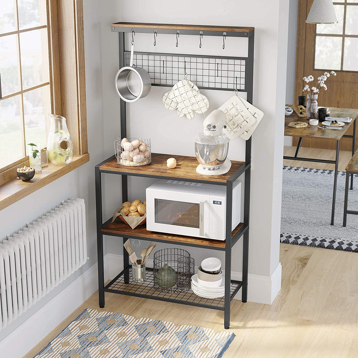 Rustic Industrial Kitchen Baker's Rack with 10 Hooks and Multi-Level Storage Shelves - 84 x 40 x 170 cm