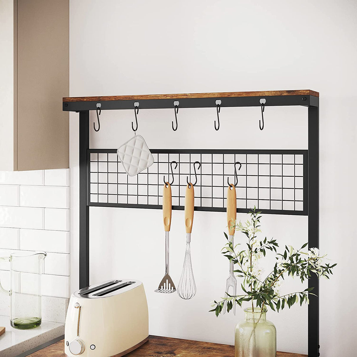 Rustic Industrial Kitchen Baker's Rack with 10 Hooks and Multi-Level Storage Shelves - 84 x 40 x 170 cm