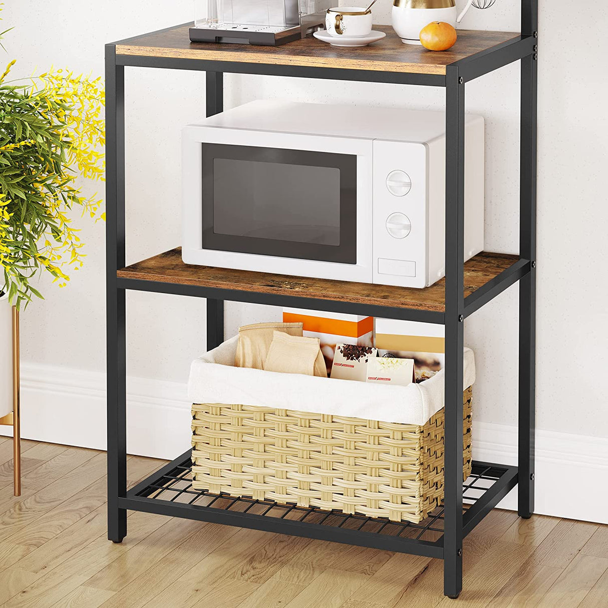 Rustic Industrial Kitchen Baker's Rack with 10 Hooks and Multi-Level Storage Shelves - 84 x 40 x 170 cm