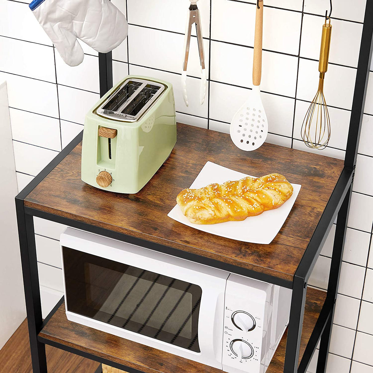 Rustic Industrial Kitchen Baker's Rack with 10 Hooks and Multi-Level Storage Shelves - 84 x 40 x 170 cm
