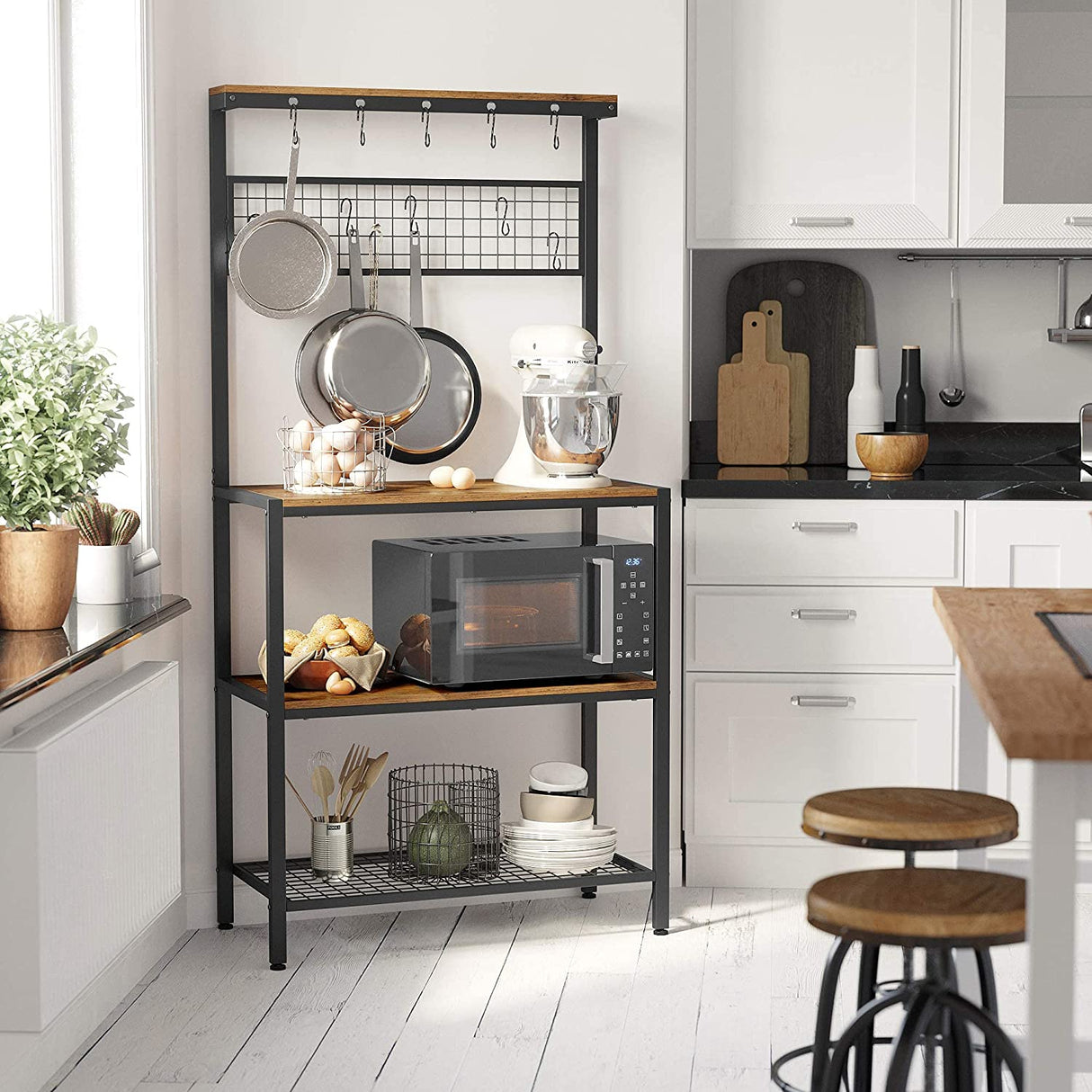 Rustic Industrial Kitchen Baker's Rack with 10 Hooks and Multi-Level Storage Shelves - 84 x 40 x 170 cm