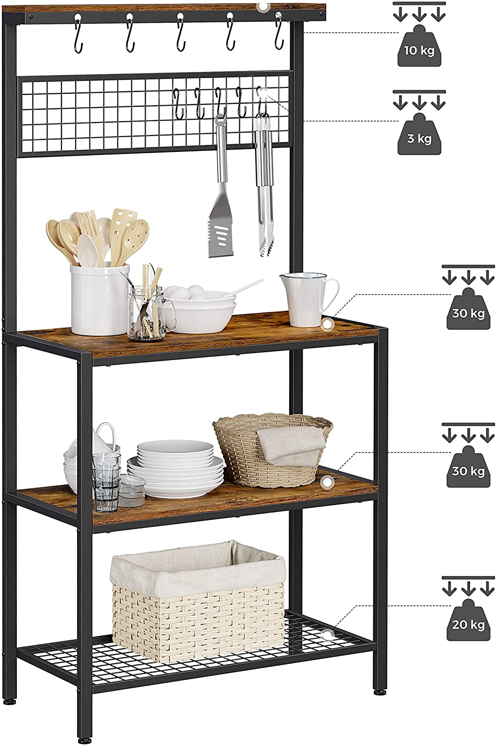 Rustic Industrial Kitchen Baker's Rack with 10 Hooks and Multi-Level Storage Shelves - 84 x 40 x 170 cm