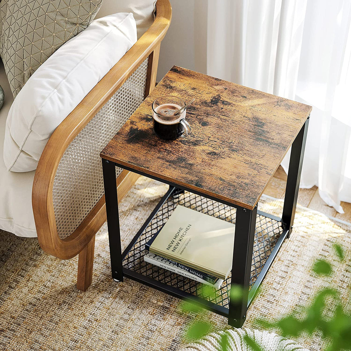 Rustic Brown 2-Tier End Table with Metal Frame and Storage Shelf