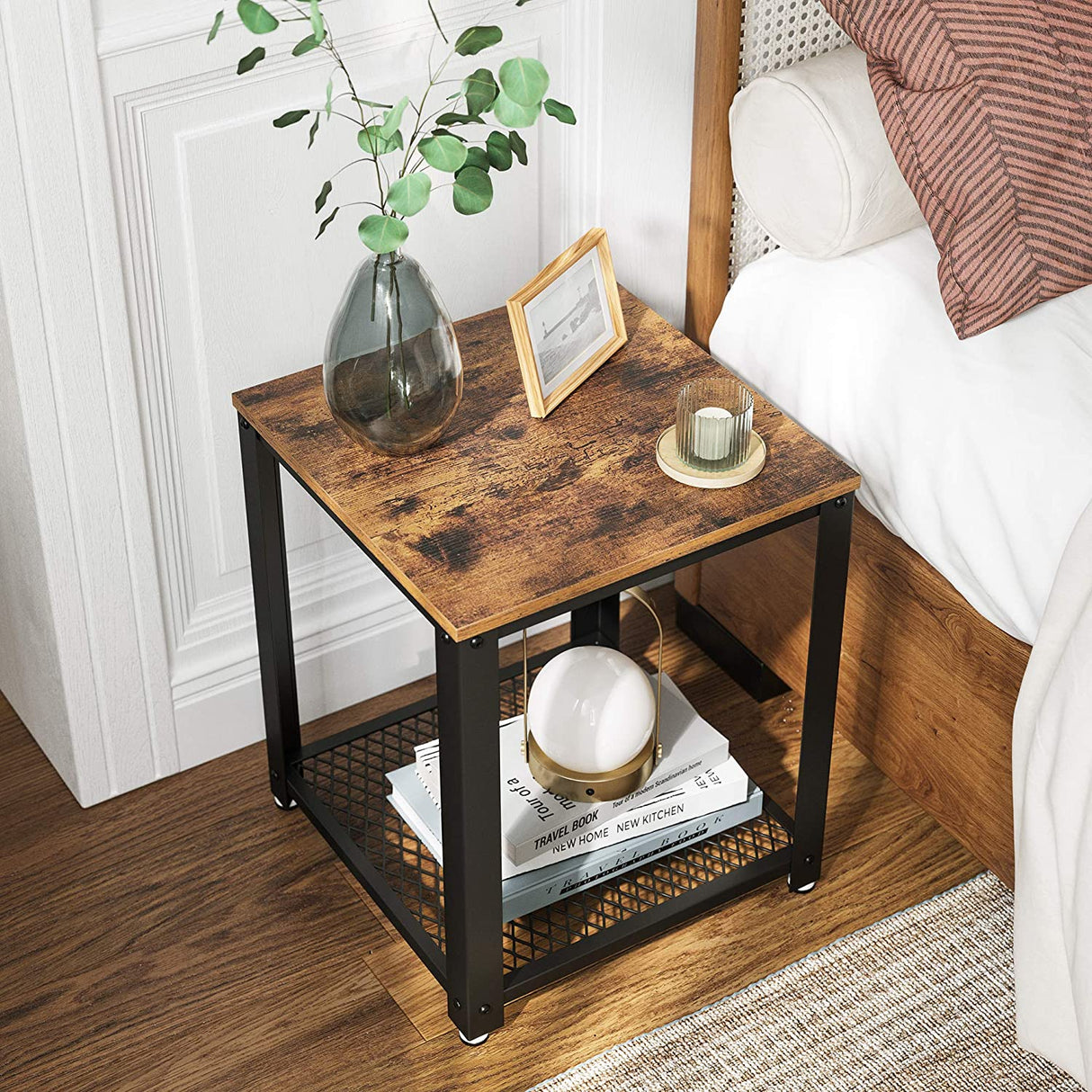 Rustic Brown 2-Tier End Table with Metal Frame and Storage Shelf