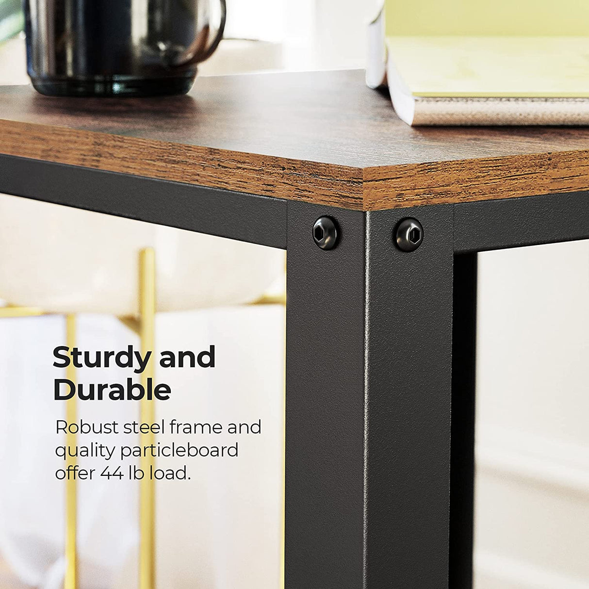 Rustic Brown 2-Tier End Table with Metal Frame and Storage Shelf