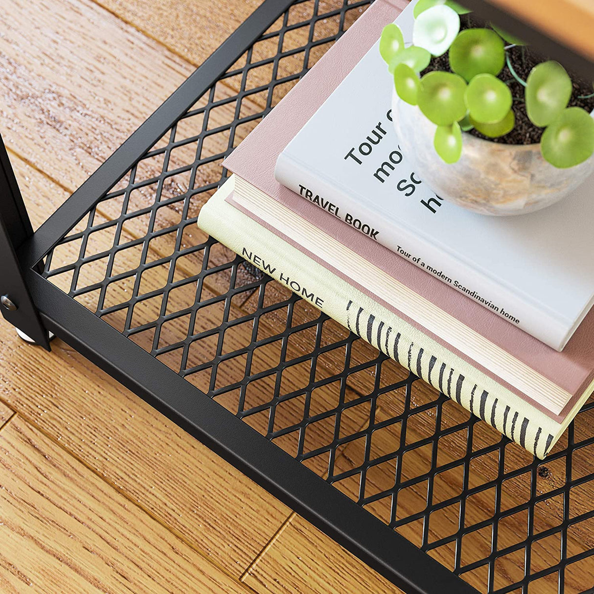 Rustic Brown 2-Tier End Table with Metal Frame and Storage Shelf
