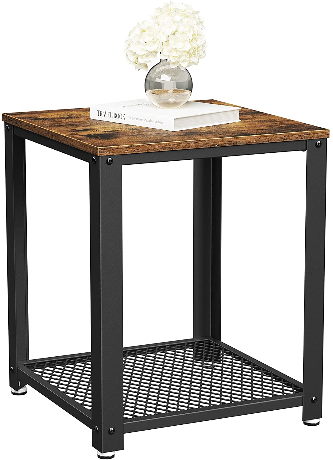 Rustic Brown 2-Tier End Table with Metal Frame and Storage Shelf
