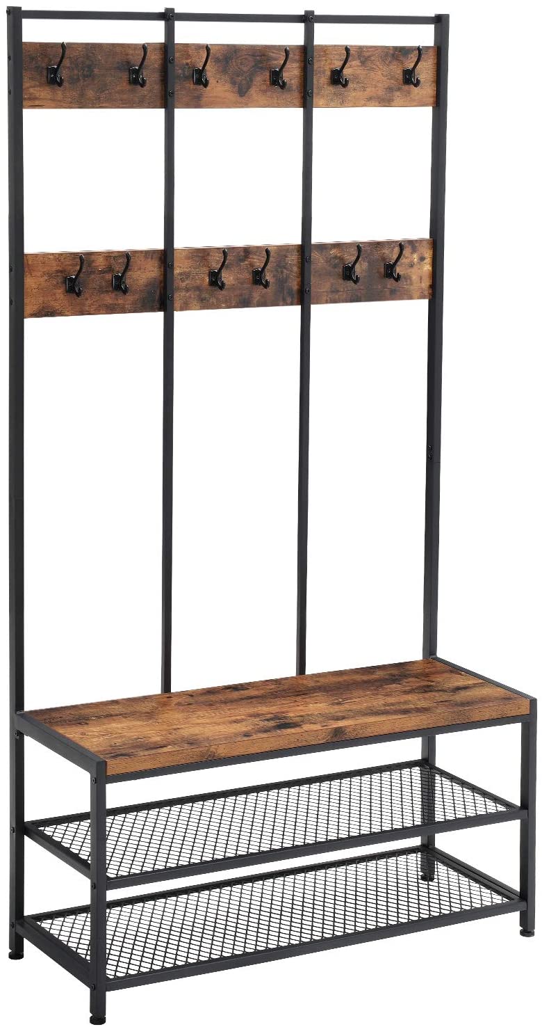 Rustic Brown and Black Coat Rack with 12 Hooks and Shoe Bench Stand