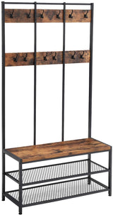 Rustic Brown and Black Coat Rack with 12 Hooks and Shoe Bench Stand - Front View
